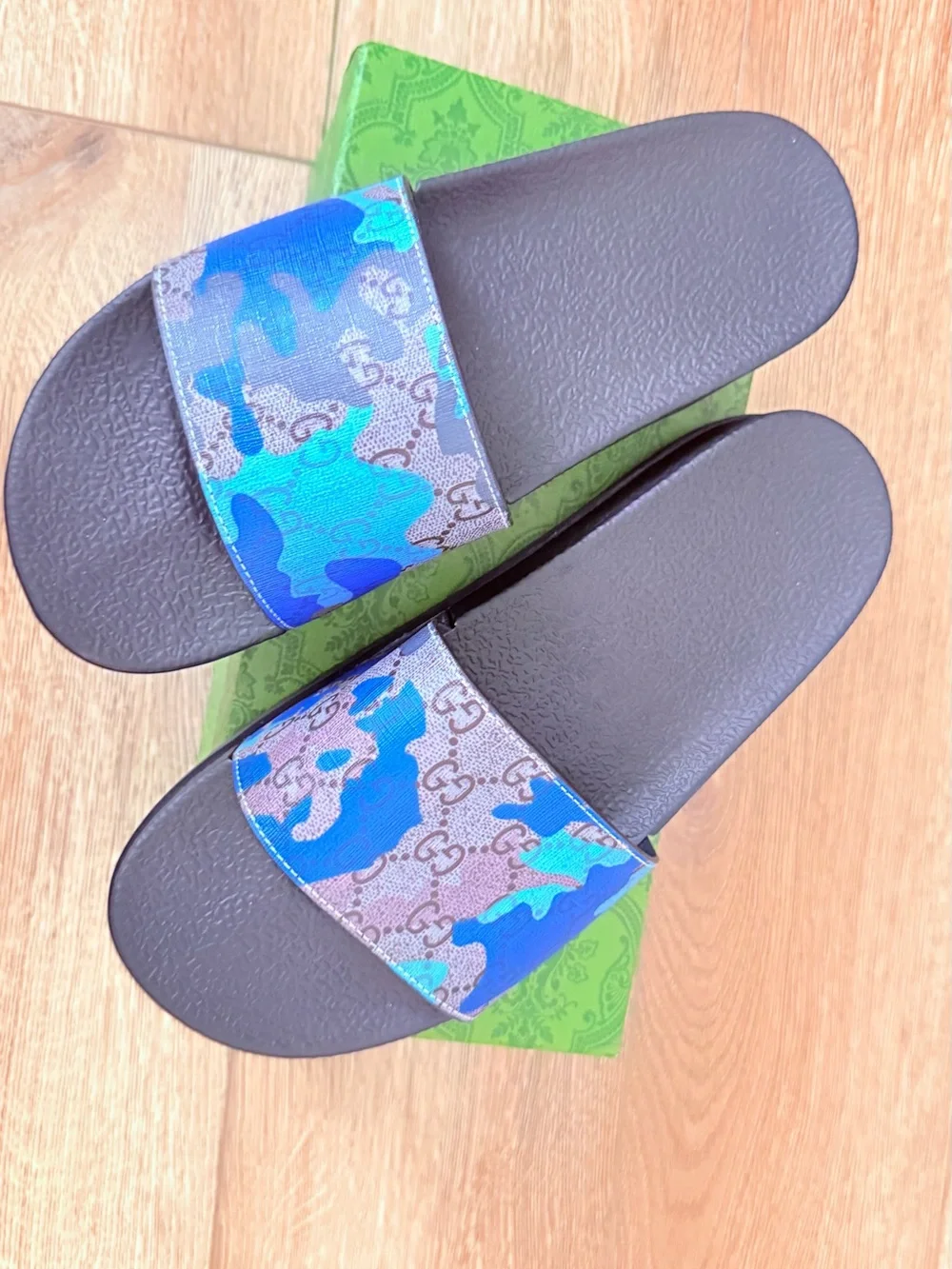 Gucci Blue Camo GG Slide Sandals